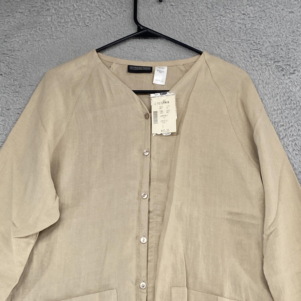 The J Peterman Company Linen‎ Tunic Top Womens Large Beige Button Front Utility - Picture 2 of 14